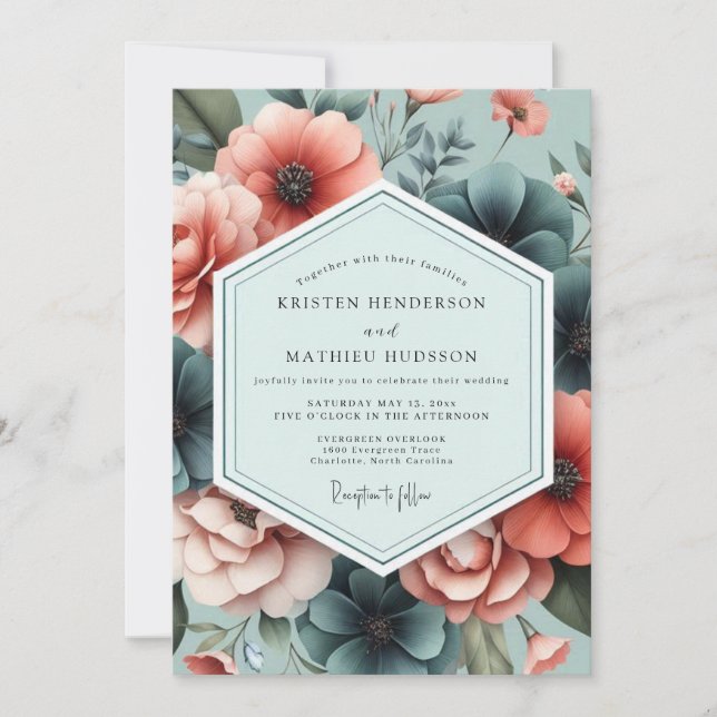 Invitation Slate Coral Artistic Flora Wedding (Devant)