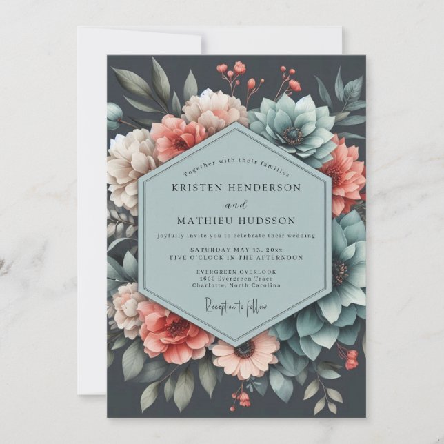 Invitation Slate Coral Moody Bloom Wedding (Devant)