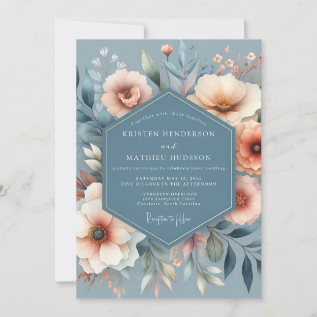 Invitation Slate & Coral Painted Bloom Wedding (Devant)
