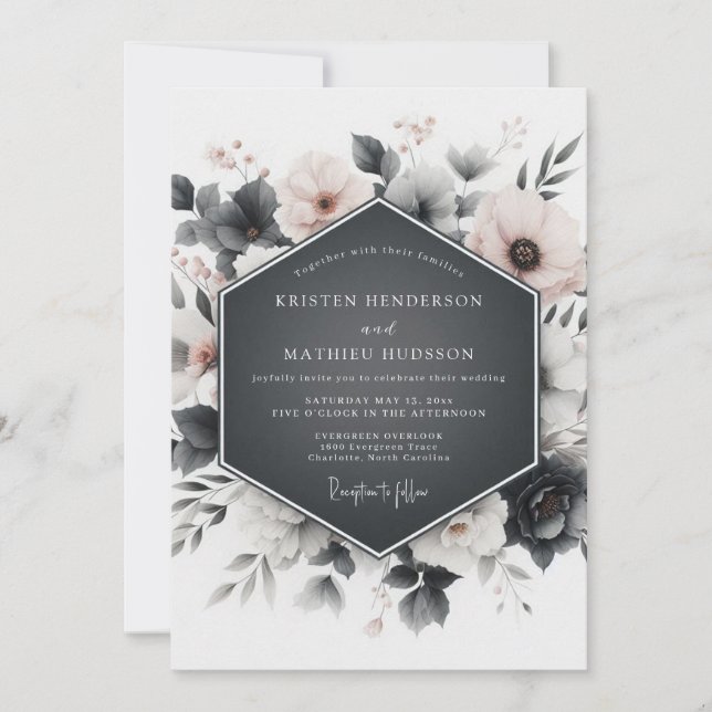 Invitation Slate Grey Floral Elegance Wedding (Devant)
