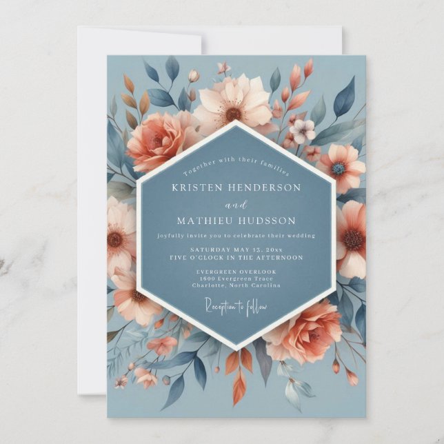 Invitation Slate Peach Poetic Flora Wedding (Devant)