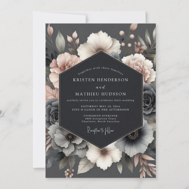 Invitation Slate Rose Somber Bloom Wedding (Devant)