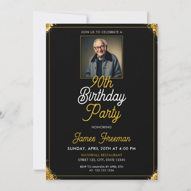 Invitation Sleek Black & Gold Photo 90th Birthday (Devant)