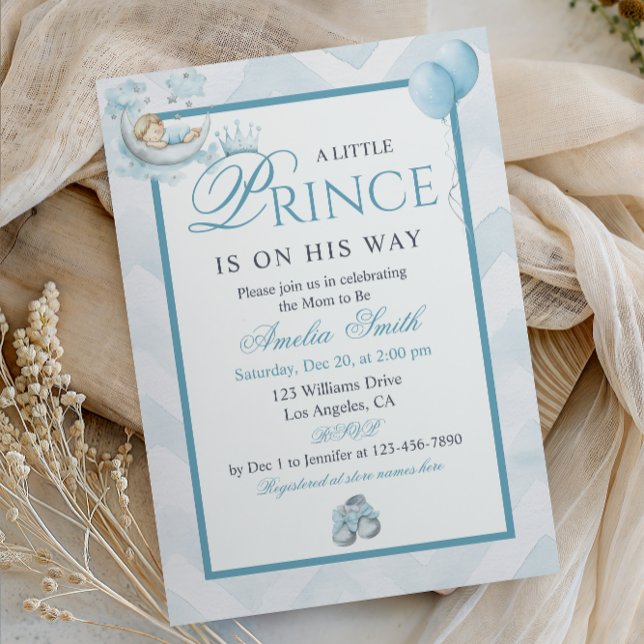 Invitation Sleeping Baby On Moon Blue Watercolor Baby Shower (Créateur téléchargé)