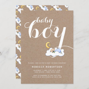Invitation Sleeping bébé garçon douche kraft papier typograph
