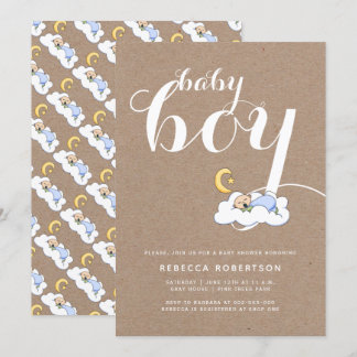 Invitation Sleeping bébé garçon douche kraft papier typograph