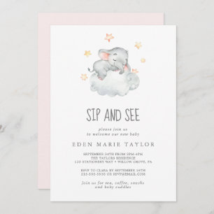 Invitation Sleeping Little Elephant Baby Girl Sip and See