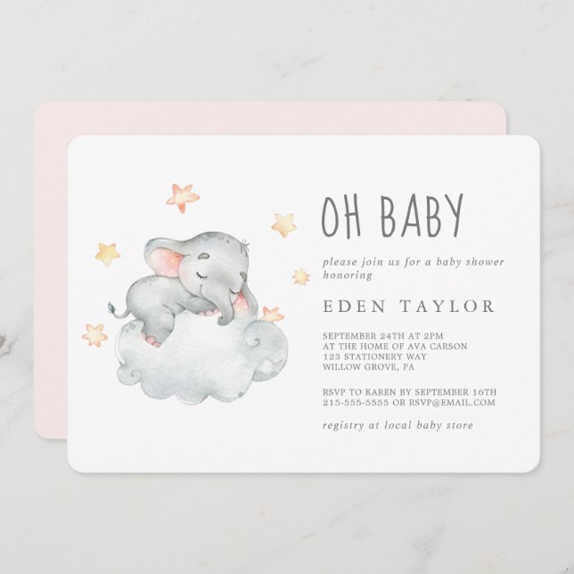 Invitation Sleeping Little Elephant Girl Oh Baby shower (Devant / Derrière)