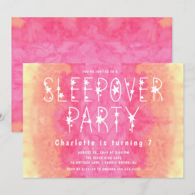 Invitation Sleepover étoilé de filles d'aquarelle rose orange (Devant / Derrière)