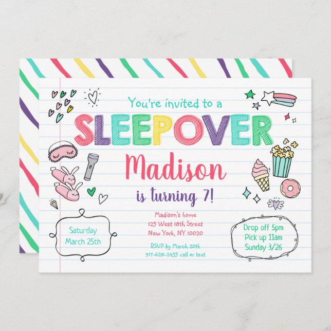 Invitation Sleepover Fête de bois Rainbow Girl Anniversaire (Devant / Derrière)