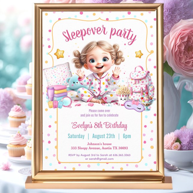 Invitation Sleepover Fête de bois rose mignonne Fille Anniver (Sleepover Slumber Party Pink Cute Girl Birthday Invitation
)