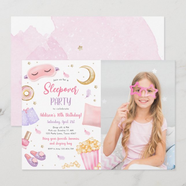 Invitation Sleepover Fête Fille Spa Rose Anniversaire (Devant / Derrière)