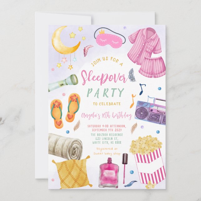 Invitation Sleepover Fête Fille Spa Rose Anniversaire (Devant)