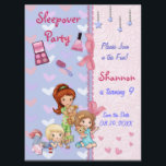 Invitation Sleepover Friends Stwood Anniversaire<br><div class="desc">Festive joli coeur motif sur bleu clair/lavande. Il y a des touches de poutres douces, des arcs imprimés roses et des garnitures en dentelle. Trois petites filles sont en vedette en pyjama et prêtes à faire la fête. Customisez le texte à l'avant et à l'arrière de cette adorable invitation de...</div>
