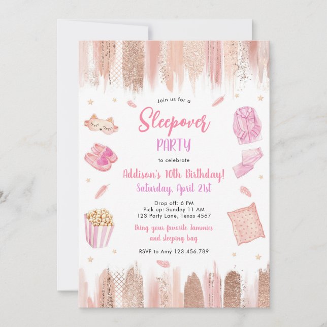 Invitation Sleepover Party Spa Makeup Pink Girl Birthday (Devant)