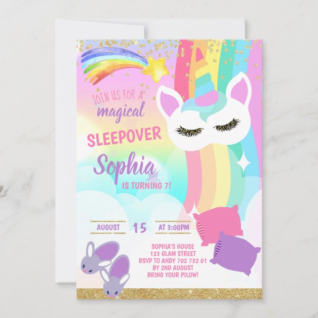 Invitation Sleepover Party Unicorn Rainbow Stwood Anniversair (Devant)