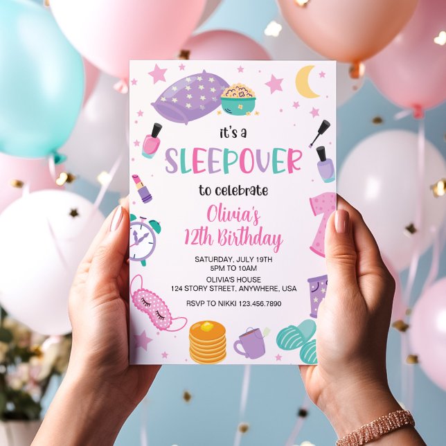 Invitation Sleepover soirée rose violet entre (Créateur téléchargé)