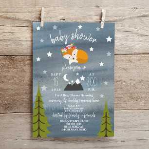 Invitation Sleepy Fox Mountains Watercolor Girl Baby shower