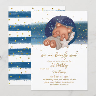 Invitation Sleepy Teddy Bear Baby Boy First Birthday Invitati