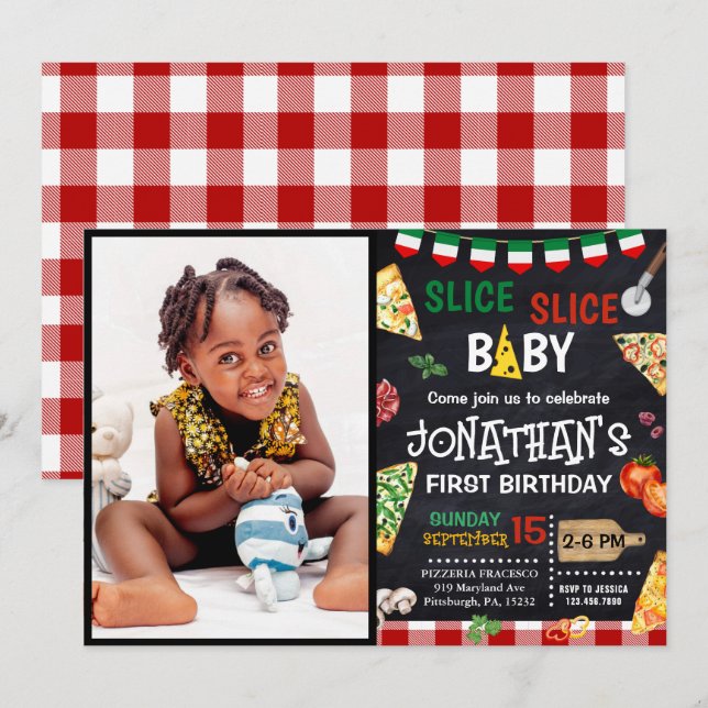 Invitation Slice Baby Pizza Party 1er anniversaire (Devant / Derrière)