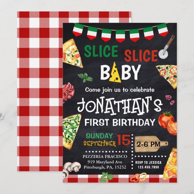 Invitation Slice Baby Pizza Party 1er anniversaire (Devant / Derrière)