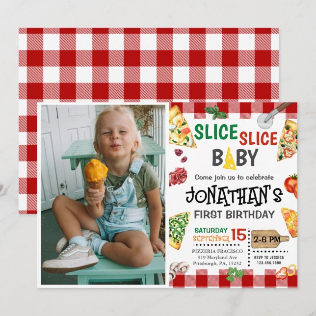 Invitation Slice Baby Pizza Party 1er anniversaire (Devant / Derrière)