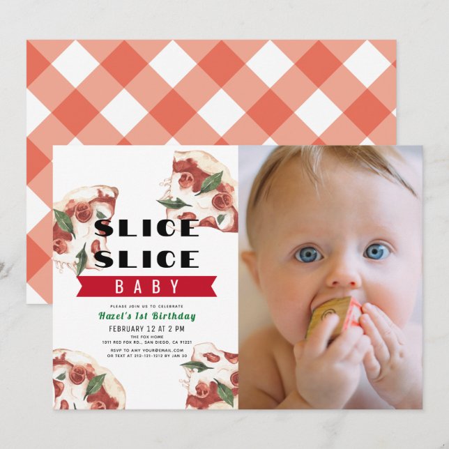 Invitation Slice Baby Pizza Photo 1er anniversaire (Devant / Derrière)