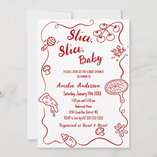 Invitation Slice Slice Baby | Red Doodle Pizza Baby Shower (Devant)