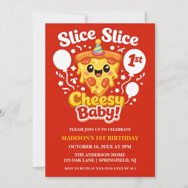 Invitation Slice Slice Cheesy Baby Pizza 1st Birthday Digital (Devant)
