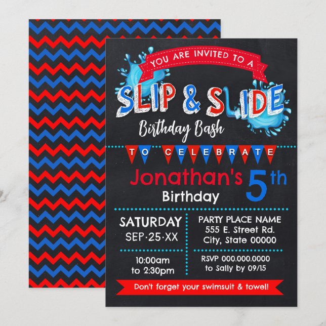 Invitation Slide et Slide été Anniversaire Bassin Rouge Bleu  (Devant / Derrière)