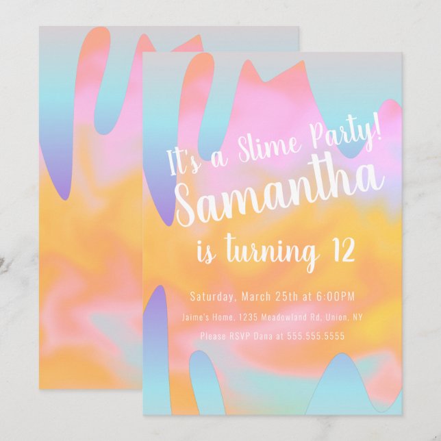 Invitation Slime Party Ombre Drithday Rainbow (Devant / Derrière)
