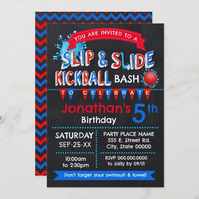 Invitation Slip et Slide Kickball Anniversaire Rouge Blanc Bl (Devant / Derrière)