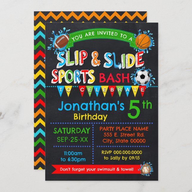 Invitation Slip & Slide Sports Anniversaire Basse Couleurs pr (Devant / Derrière)