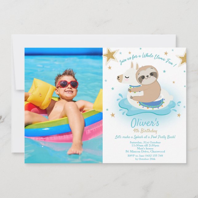 Invitation Sloth and Llama Pool Party Birthday Boy Photo (Devant)