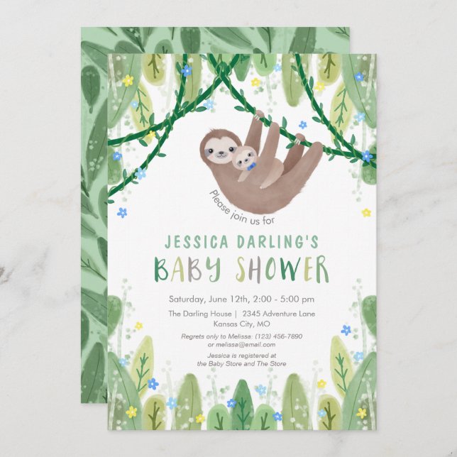 Invitation Sloth Baby Boy Bow Cravate douche Jungle Thème (Devant / Derrière)