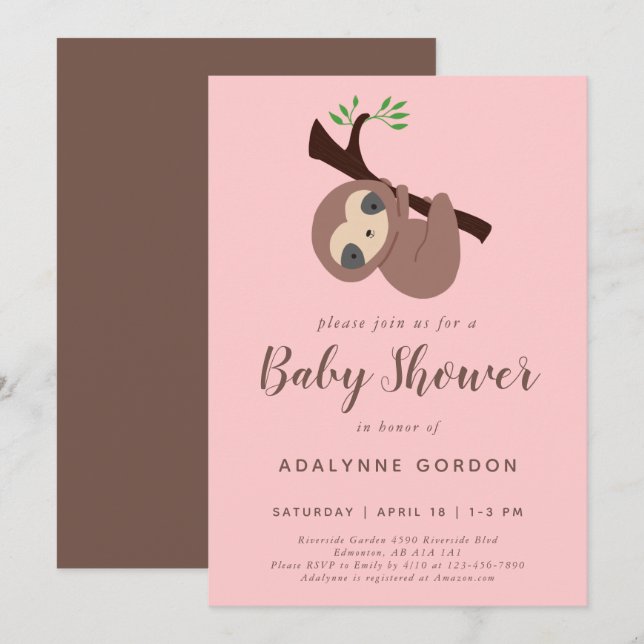 Invitation Sloth Baby shower Girl rose Brown moderne simple (Devant / Derrière)