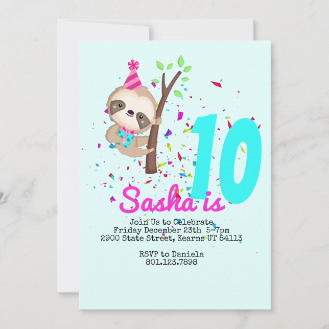 Invitation Sloth Birthday Girl Custom Theme Party (Devant)