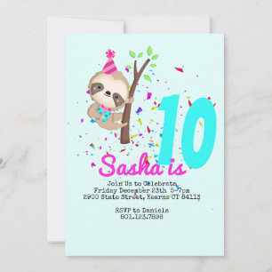 Invitation Sloth Birthday Girl Custom Theme Party