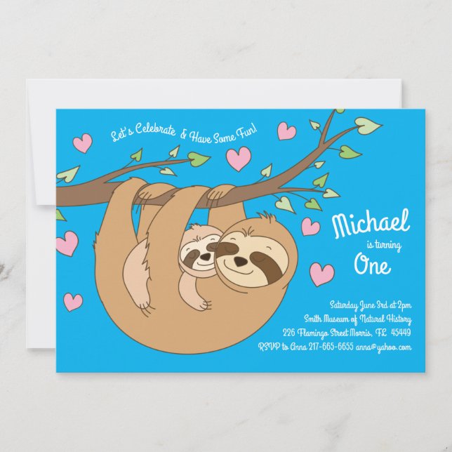 Invitation Sloth Cute Kids 1er anniversaire (Devant)