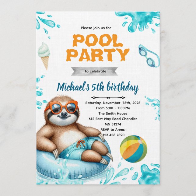 Invitation Sloth Pool Party Birthday Invite (Devant)