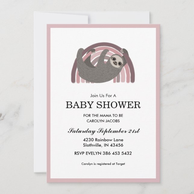 Invitation Sloth Rainbow Mauve Baby Girl Baby shower (Devant)