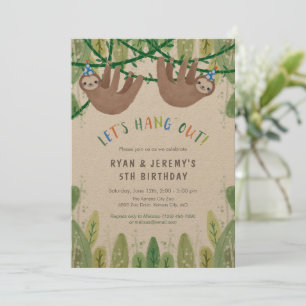 Invitation Sloth TWIN BOYS Fête d'anniversaire en bleu et bla