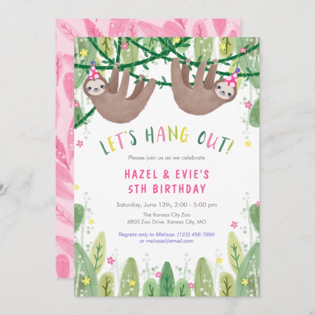 Invitation Sloth TWIN GIRL Anniversaire en rose et blanc (Devant / Derrière)