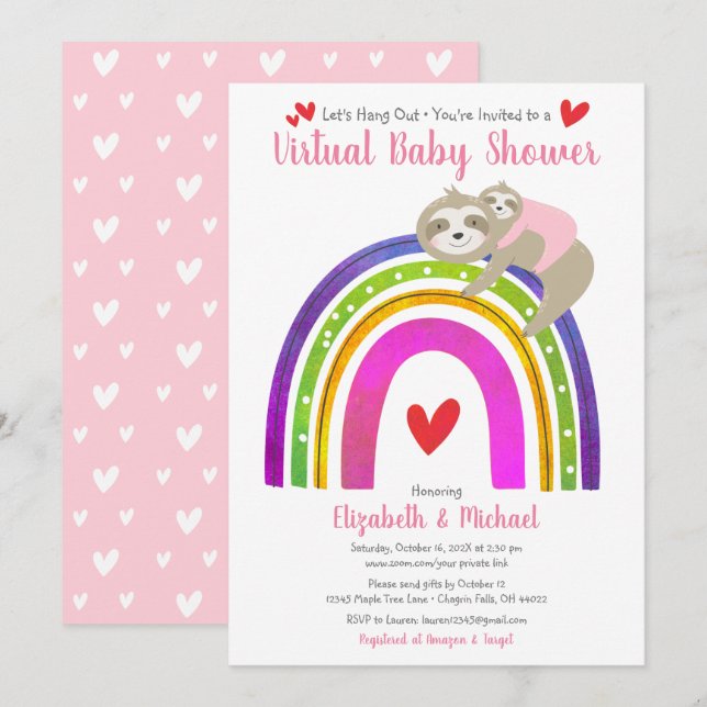 Invitation Sloths Virtual Girl Baby shower Cute Boho Rainbow (Devant / Derrière)