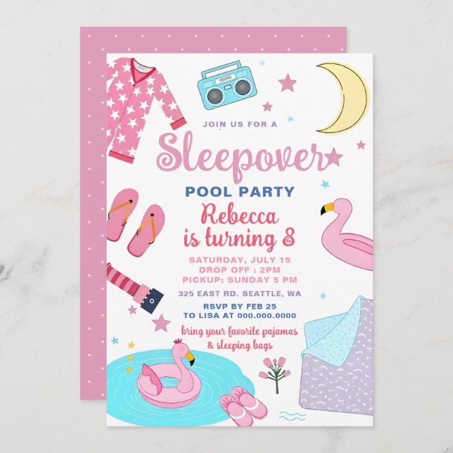 Invitation Slumber Pool Party Pink Girl Tween Teen Birthday  (Devant / Derrière)