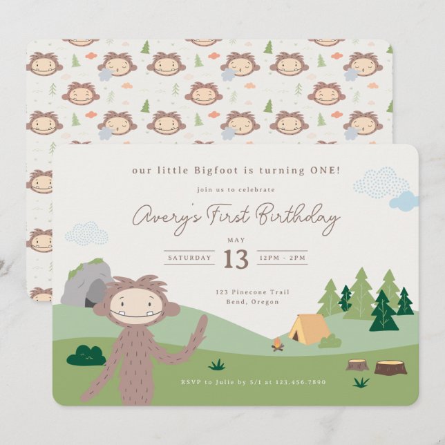 Invitation Slumberkins Bigfoot Woodland First Birthday (Devant / Derrière)