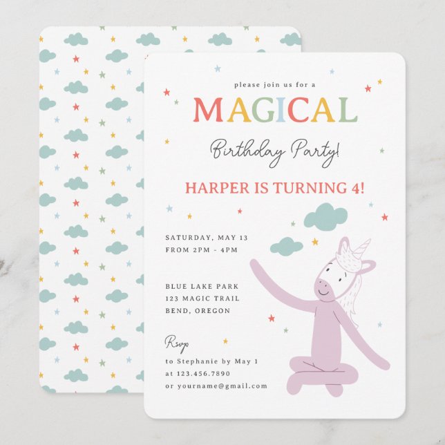 Invitation Slumberkins Magical Rainbow Unicorn Birthday (Devant / Derrière)