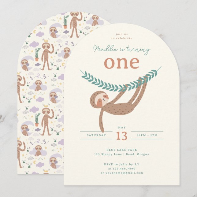 Invitation Slumberkins Sloth Birthday Party (Devant / Derrière)