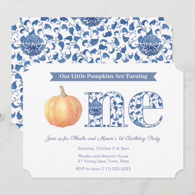 Invitation Smart Citrouille Twins 1er anniversaire (Devant / Derrière)