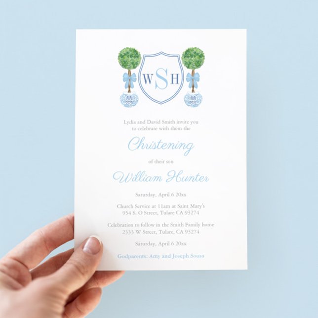 Invitation Smart Topior Monogramme Soirée de bébé (Preppy Three Letter Monogram Christening Invitation For Boy With Watercolor Boxwood Topiary Details)